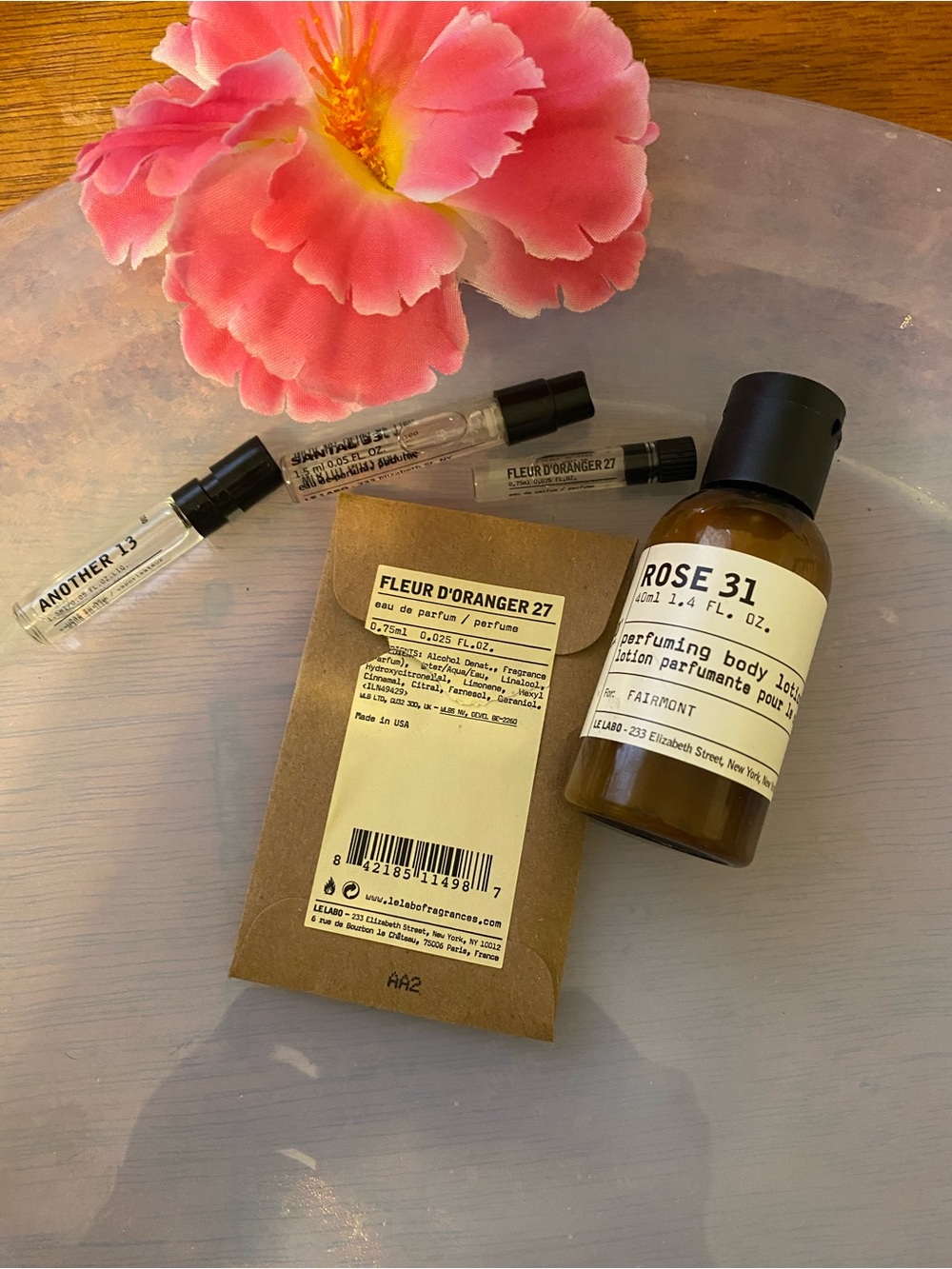 Le Labo Rose 31 Perfuming Body Lotion in Brown Bottle and 3 perfumes